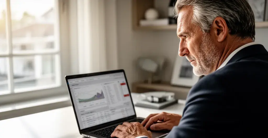 Person analysiert Immobilienpreise auf Laptop – Marktentwicklung Zürich